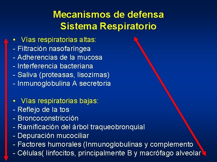 Mecanismos de defensa Sistema Respiratorio • Vías respiratorias altas: - Filtración nasofaríngea - Adherencias