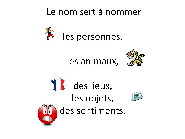  Le nom sert à nommer les personnes, les animaux, des lieux, les objets,
