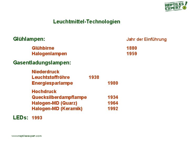 Leuchtmittel-Technologien Glühlampen: Jahr der Einführung Glühbirne Halogenlampen 1880 1959 Gasentladungslampen: Niederdruck Leuchtstoffröhre Energiesparlampe Hochdruck Leuchtmittel-Technologien Glühlampen: Jahr der Einführung Glühbirne Halogenlampen 1880 1959 Gasentladungslampen: Niederdruck Leuchtstoffröhre Energiesparlampe Hochdruck