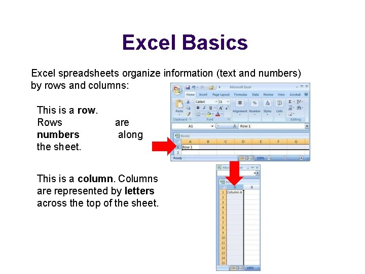 Excel Basics Excel spreadsheets organize information (text and numbers) by rows and columns: This