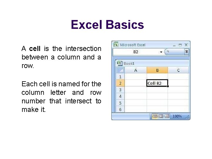 Excel Basics A cell is the intersection between a column and a row. Each