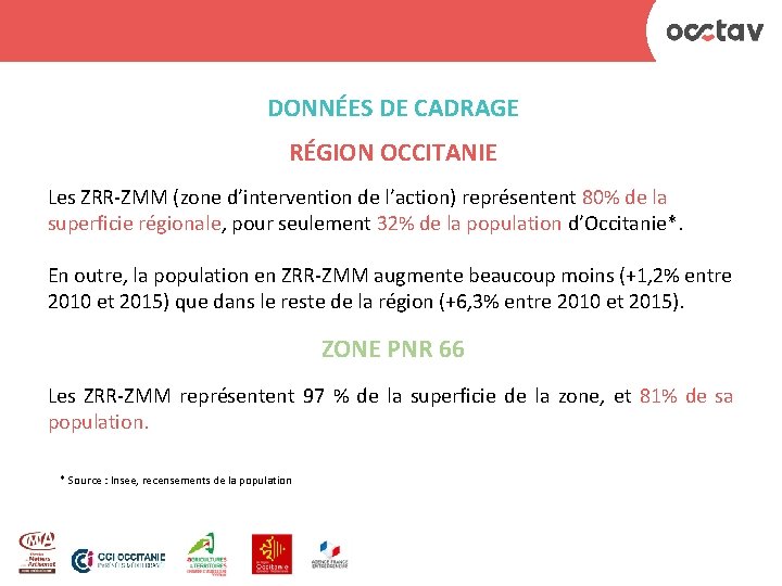 DONNÉES DE CADRAGE RÉGION OCCITANIE Les ZRR-ZMM (zone d’intervention de l’action) représentent 80% de