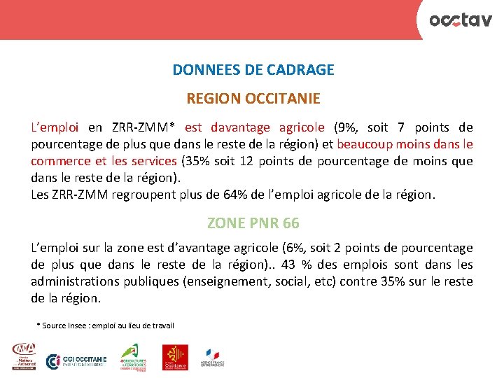 DONNEES DE CADRAGE REGION OCCITANIE L’emploi en ZRR-ZMM* est davantage agricole (9%, soit 7