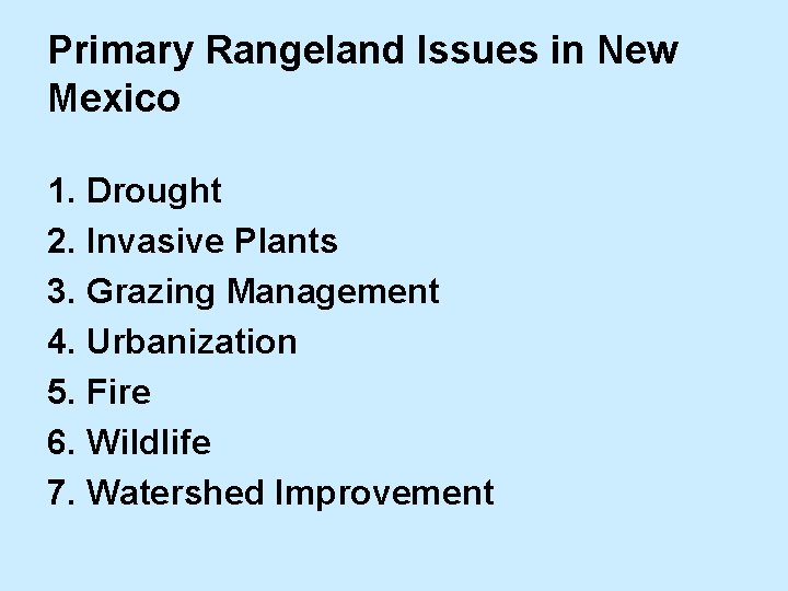 Primary Rangeland Issues in New Mexico 1. Drought 2. Invasive Plants 3. Grazing Management