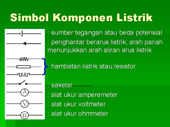 Simbol Komponen Listrik : sumber tegangan atau beda potensial : penghantar berarus listrik; arah