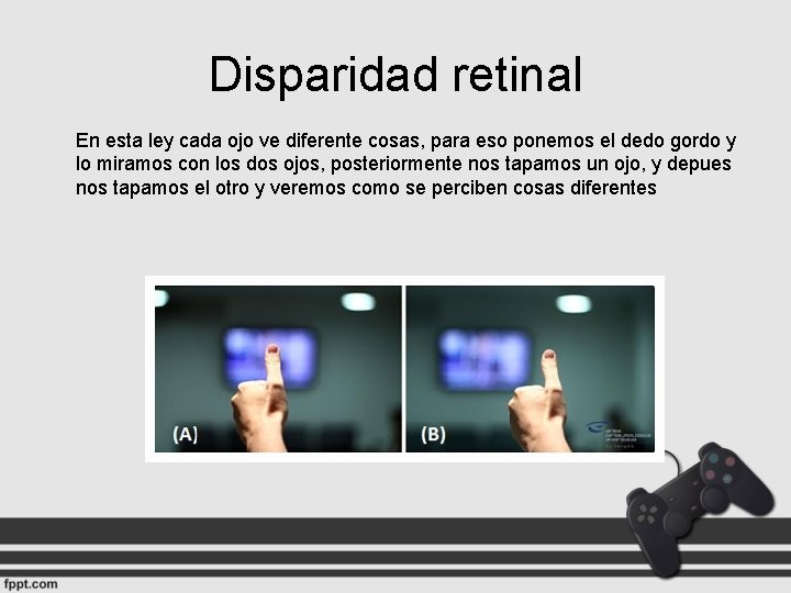 Disparidad retinal En esta ley cada ojo ve diferente cosas, para eso ponemos el