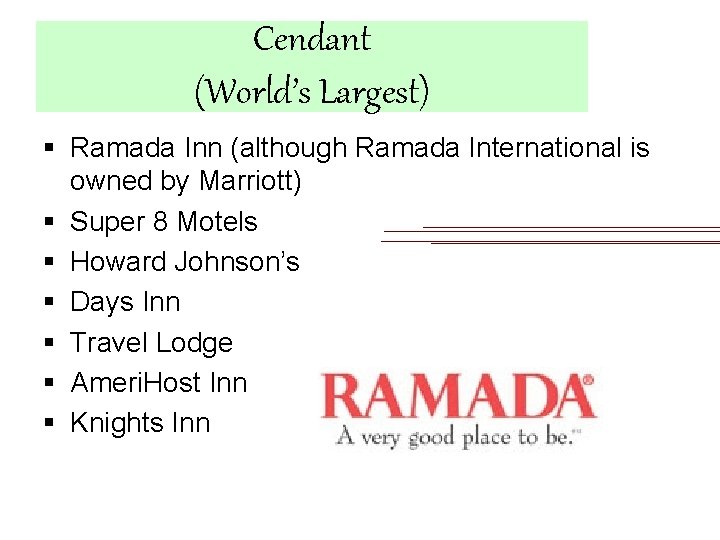 Cendant (World’s Largest) § Ramada Inn (although Ramada International is owned by Marriott) §