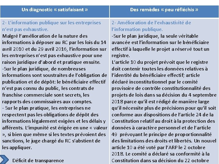 Un diagnostic « satisfaisant » Des remèdes « peu réfléchis » 2 - L’information