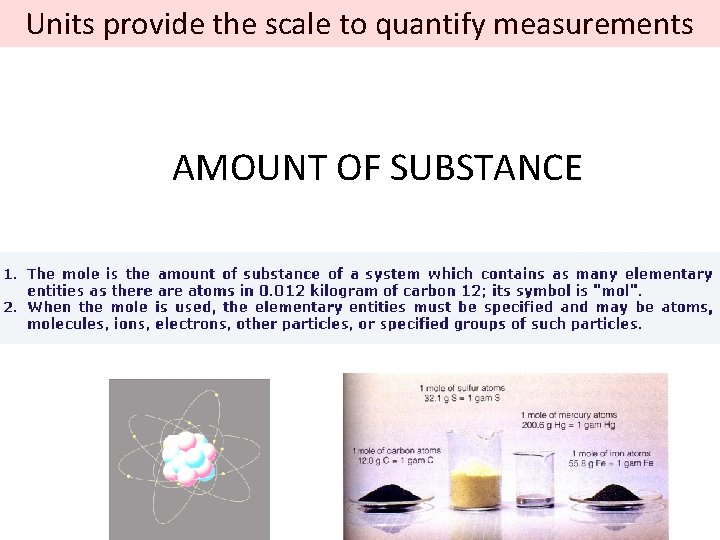 Units provide the scale to quantify measurements AMOUNT OF SUBSTANCE 