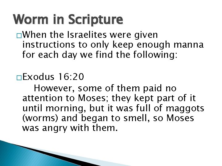 Worm in Scripture �When the Israelites were given instructions to only keep enough manna Worm in Scripture �When the Israelites were given instructions to only keep enough manna