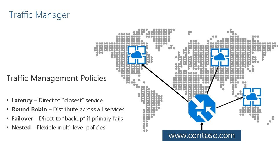 Traffic Manager Traffic Management Policies • Latency – Direct to “closest” service • Round