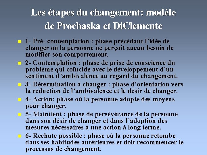 Les étapes du changement: modèle de Prochaska et Di. Clemente n n n 1