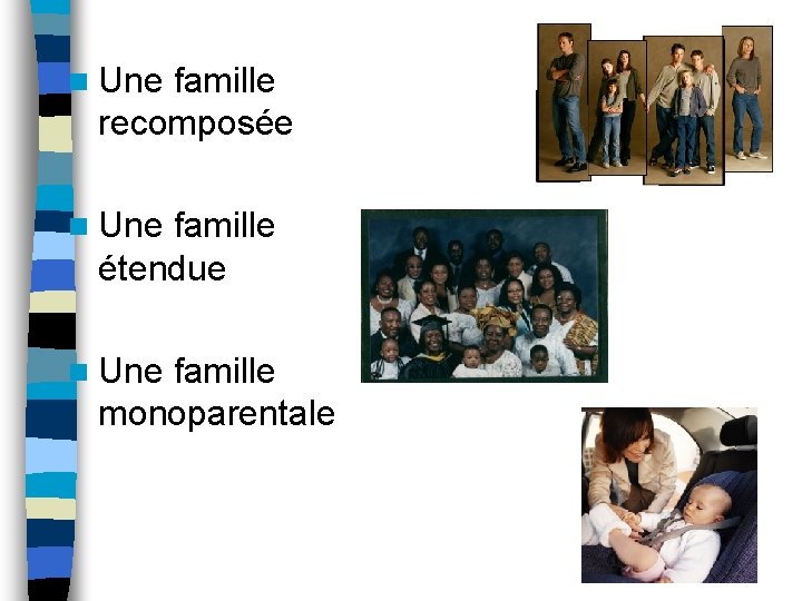 n Une famille recomposée n Une famille étendue n Une famille monoparentale 