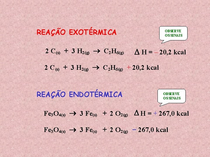 REAÇÃO EXOTÉRMICA 2 C(s) + 3 H 2(g) C 2 H 6(g) OBSERVE OS