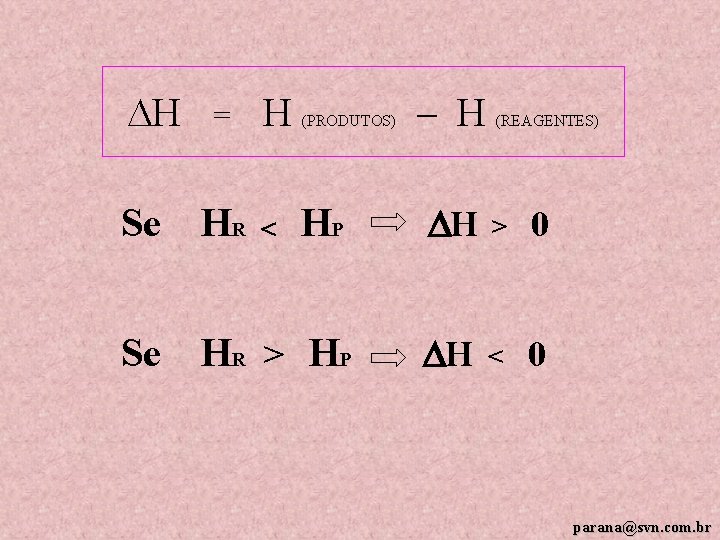  H = H (PRODUTOS) – H (REAGENTES) Se HR HP H > 0