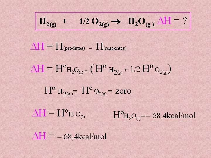 H 2(g) + 1/2 O 2(g) H 2 O(g ) H = H(produtos) –