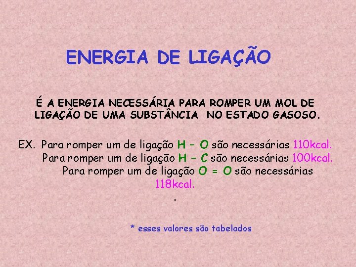 ENERGIA DE LIGAÇÃO É A ENERGIA NECESSÁRIA PARA ROMPER UM MOL DE LIGAÇÃO DE