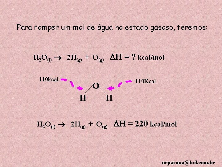 Para romper um mol de água no estado gasoso, teremos: H 2 O(l) 2