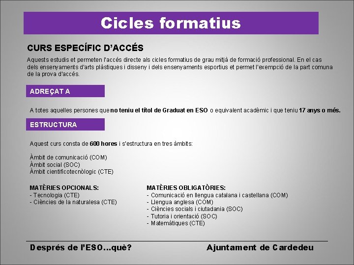 Cicles formatius CURS ESPECÍFIC D’ACCÉS Aquests estudis et permeten l’accés directe als cicles formatius