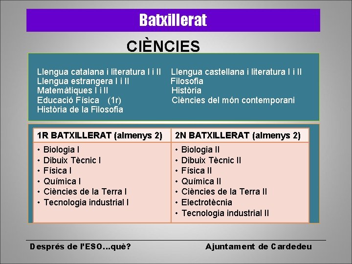 Batxillerat CIÈNCIES Llengua catalana i literatura I i II Llengua castellana i literatura I