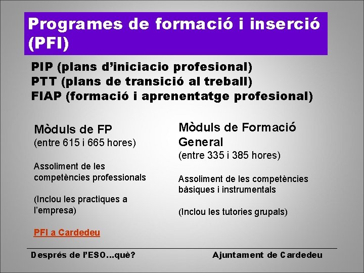 Programes de formació i inserció (PFI) PIP (plans d’iniciacio profesional) PTT (plans de transició