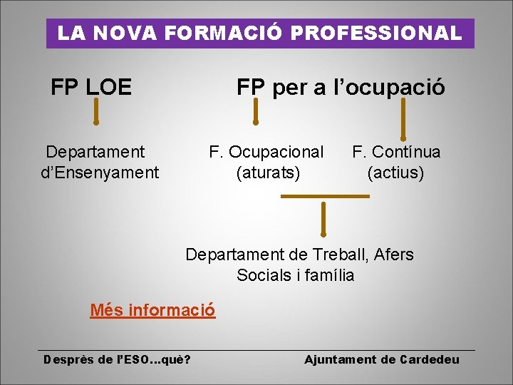 LA NOVA FORMACIÓ PROFESSIONAL FP LOE Departament d’Ensenyament FP per a l’ocupació F. Ocupacional