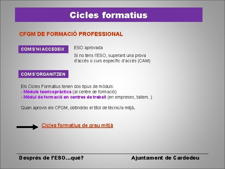 Cicles formatius CFGM DE FORMACIÓ PROFESSIONAL COM S’HI ACCEDEIX ESO aprovada Si no tens