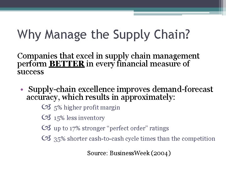 Why Manage the Supply Chain? Companies that excel in supply chain management perform BETTER