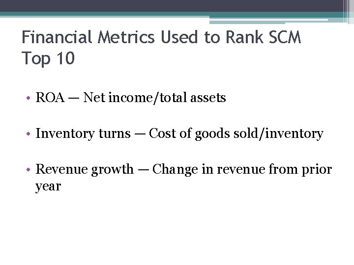 Financial Metrics Used to Rank SCM Top 10 • ROA — Net income/total assets