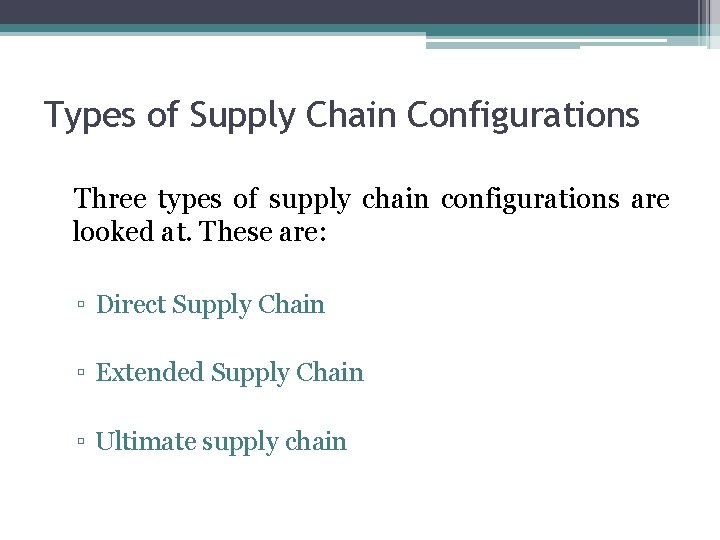 Types of Supply Chain Configurations Three types of supply chain configurations are looked at.