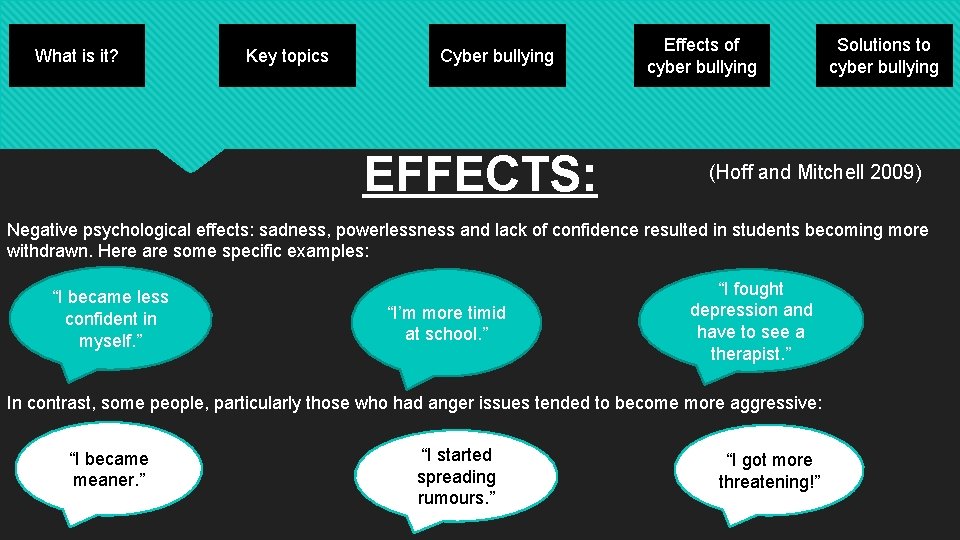 What is it? Key topics Cyber bullying EFFECTS: Effects of cyber bullying Solutions to