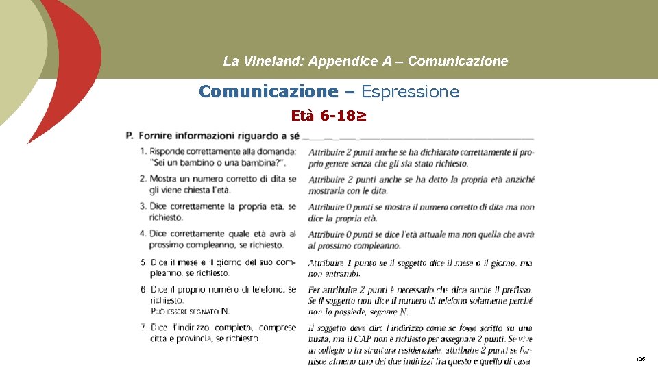 La Vineland: Appendice A – Comunicazione – Espressione Età 6 -18≥ Prof. Stefano Federici