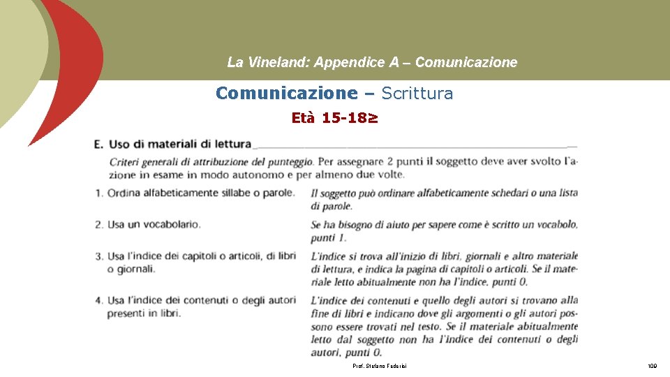 La Vineland: Appendice A – Comunicazione – Scrittura Età 15 -18≥ Prof. Stefano Federici