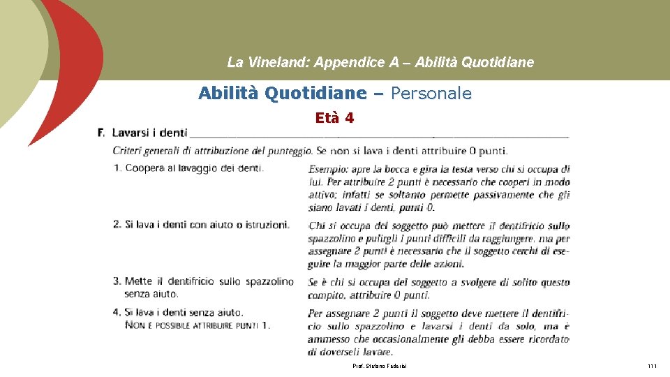 La Vineland: Appendice A – Abilità Quotidiane – Personale Età 4 Prof. Stefano Federici