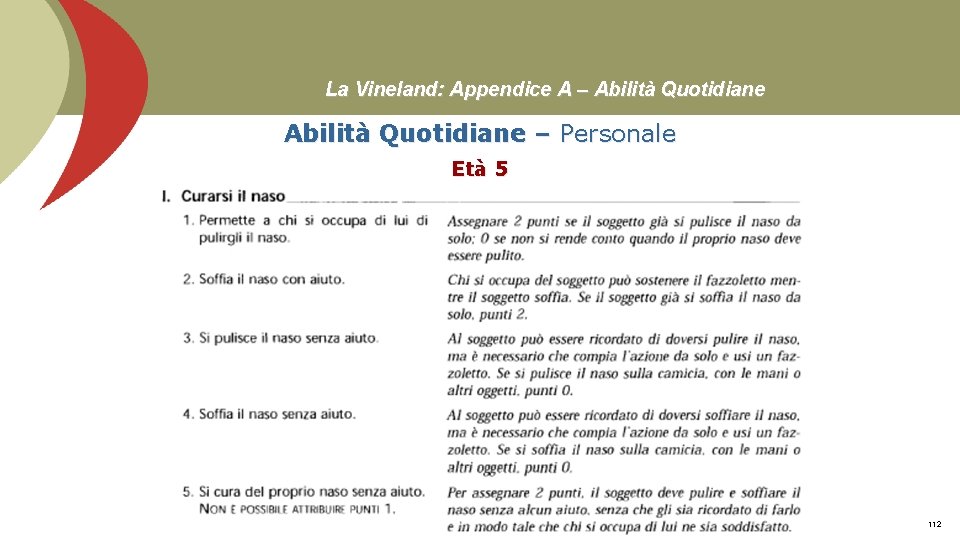 La Vineland: Appendice A – Abilità Quotidiane – Personale Età 5 Prof. Stefano Federici