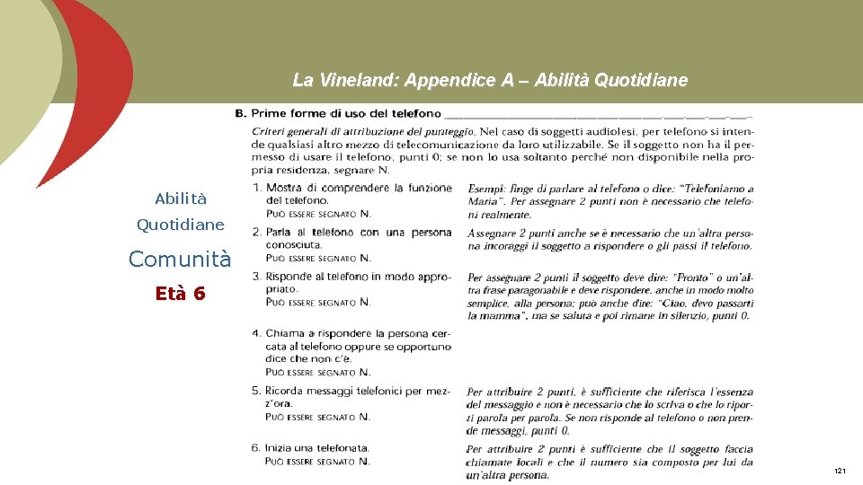 La Vineland: Appendice A – Abilità Quotidiane Comunità Età 6 Prof. Stefano Federici 121