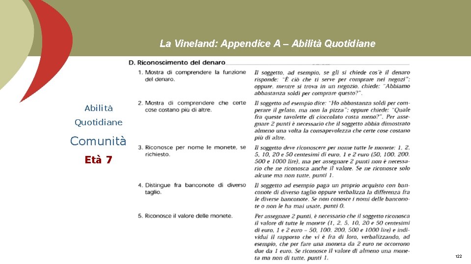 La Vineland: Appendice A – Abilità Quotidiane Comunità Età 7 Prof. Stefano Federici 122