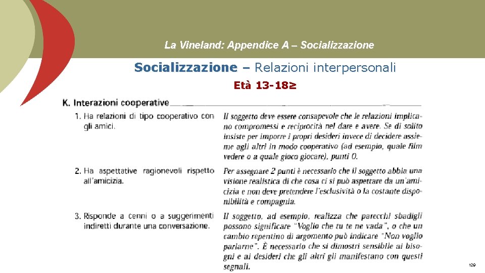 La Vineland: Appendice A – Socializzazione – Relazioni interpersonali Età 13 -18≥ Prof. Stefano