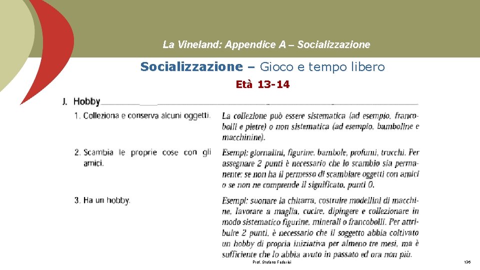 La Vineland: Appendice A – Socializzazione – Gioco e tempo libero Età 13 -14