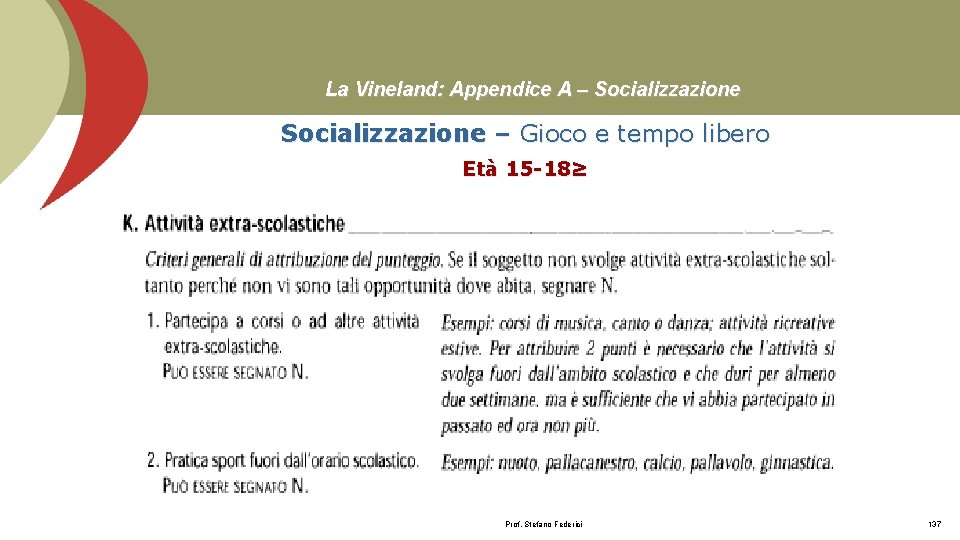 La Vineland: Appendice A – Socializzazione – Gioco e tempo libero Età 15 -18≥ La Vineland: Appendice A – Socializzazione – Gioco e tempo libero Età 15 -18≥