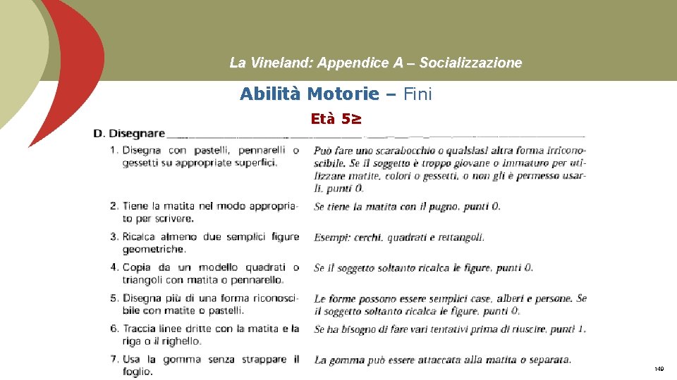 La Vineland: Appendice A – Socializzazione Abilità Motorie – Fini Età 5≥ Prof. Stefano