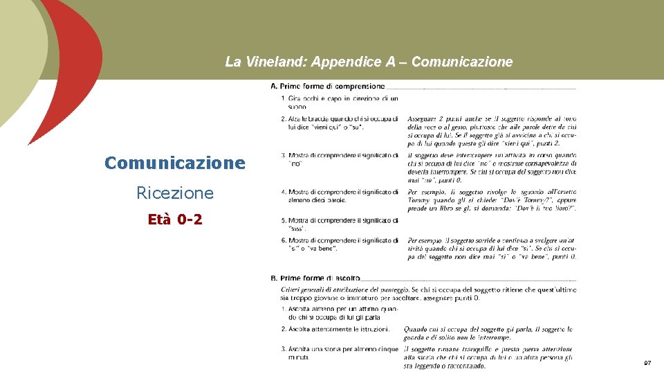 La Vineland: Appendice A – Comunicazione Ricezione Età 0 -2 Prof. Stefano Federici 97