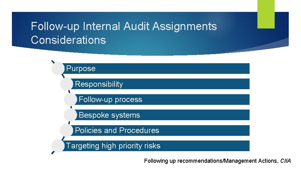 Follow-up Internal Audit Assignments Considerations Purpose Responsibility Follow-up process Bespoke systems Policies and Procedures