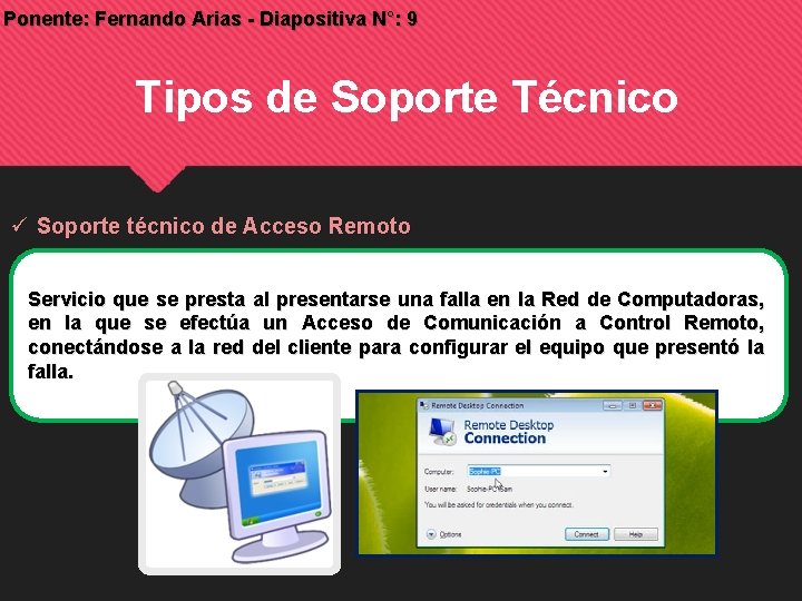 Ponente: Fernando Arias - Diapositiva N°: 9 Tipos de Soporte Técnico Soporte técnico de Ponente: Fernando Arias - Diapositiva N°: 9 Tipos de Soporte Técnico Soporte técnico de