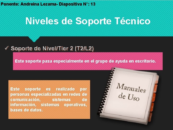 Ponente: Andreina Lezama- Diapositiva N°: 13 Niveles de Soporte Técnico Soporte de Nivel/Tier 2 Ponente: Andreina Lezama- Diapositiva N°: 13 Niveles de Soporte Técnico Soporte de Nivel/Tier 2