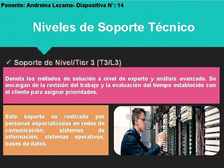 Ponente: Andreina Lezama- Diapositiva N°: 14 Niveles de Soporte Técnico Soporte de Nivel/Tier 3 Ponente: Andreina Lezama- Diapositiva N°: 14 Niveles de Soporte Técnico Soporte de Nivel/Tier 3