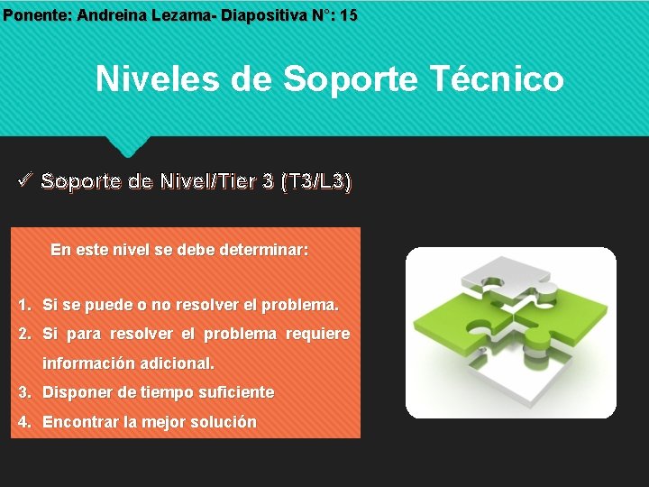 Ponente: Andreina Lezama- Diapositiva N°: 15 Niveles de Soporte Técnico Soporte de Nivel/Tier 3 Ponente: Andreina Lezama- Diapositiva N°: 15 Niveles de Soporte Técnico Soporte de Nivel/Tier 3