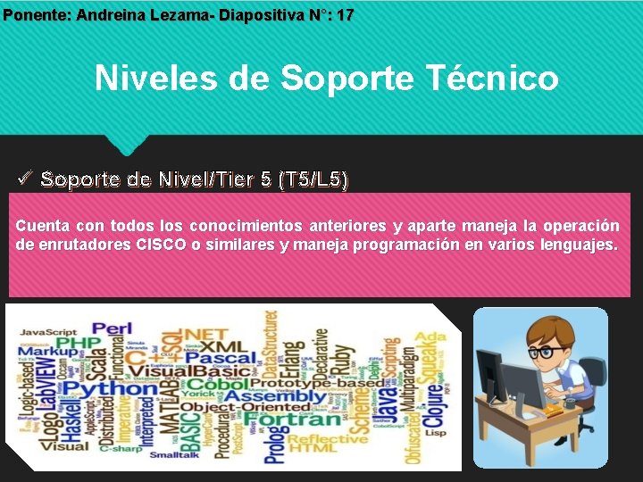 Ponente: Andreina Lezama- Diapositiva N°: 17 Niveles de Soporte Técnico Soporte de Nivel/Tier 5 Ponente: Andreina Lezama- Diapositiva N°: 17 Niveles de Soporte Técnico Soporte de Nivel/Tier 5