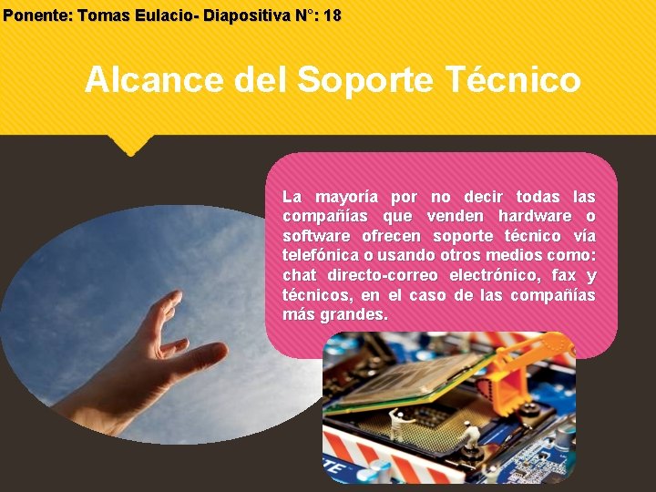 Ponente: Tomas Eulacio- Diapositiva N°: 18 Alcance del Soporte Técnico La mayoría por no Ponente: Tomas Eulacio- Diapositiva N°: 18 Alcance del Soporte Técnico La mayoría por no