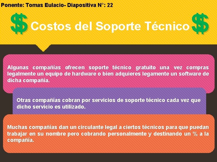 Ponente: Tomas Eulacio- Diapositiva N°: 22 $$ Costos del Soporte Técnico $$ Algunas compañías Ponente: Tomas Eulacio- Diapositiva N°: 22 $$ Costos del Soporte Técnico $$ Algunas compañías